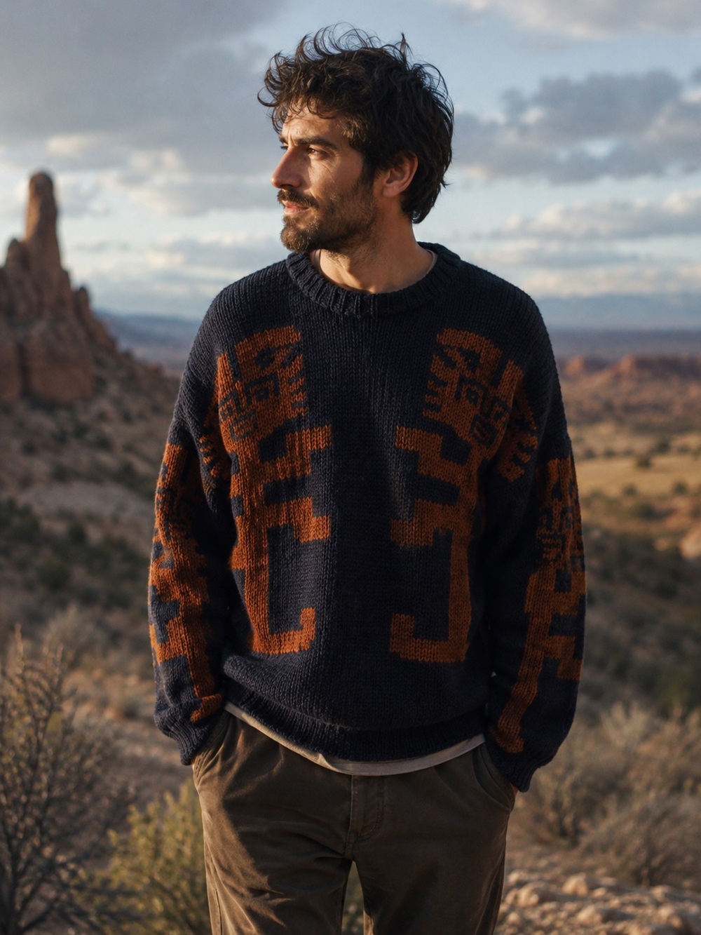 Kokopelli hand knit intarsia oversized unisex sweater